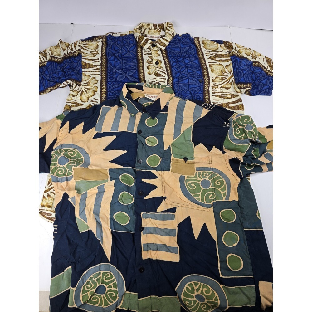Lot Of 2 Serendipity Hawaiian‎ Button Floral Geometric Rayon Beach Shirts Large